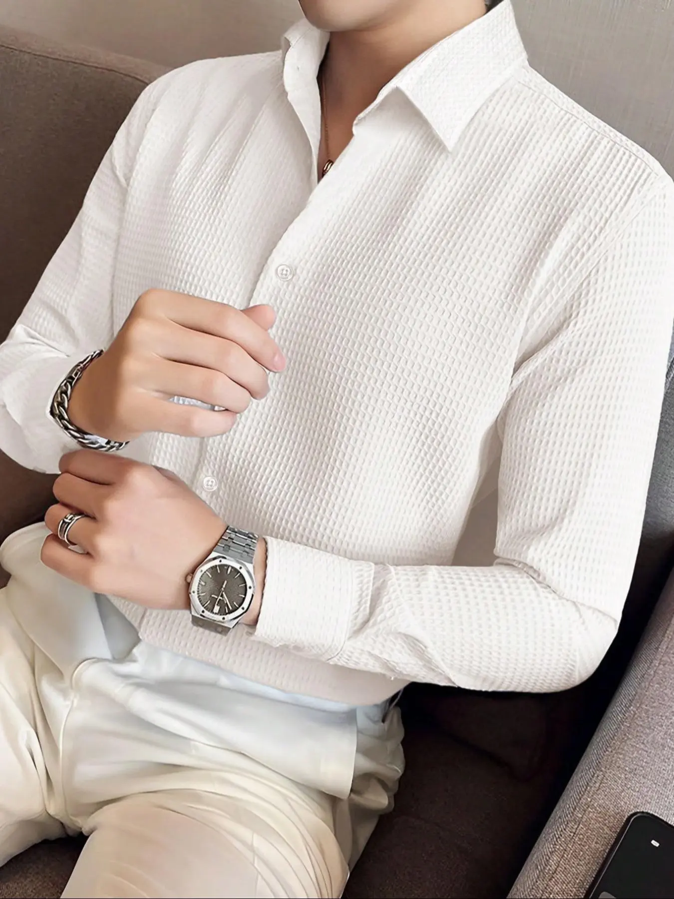 Alimens & Gentle Men's Dress Shirt, Slim Fit Long Sleeve Button Design, Stain Resistant Stylish Shirt for Formal and Casual Wear