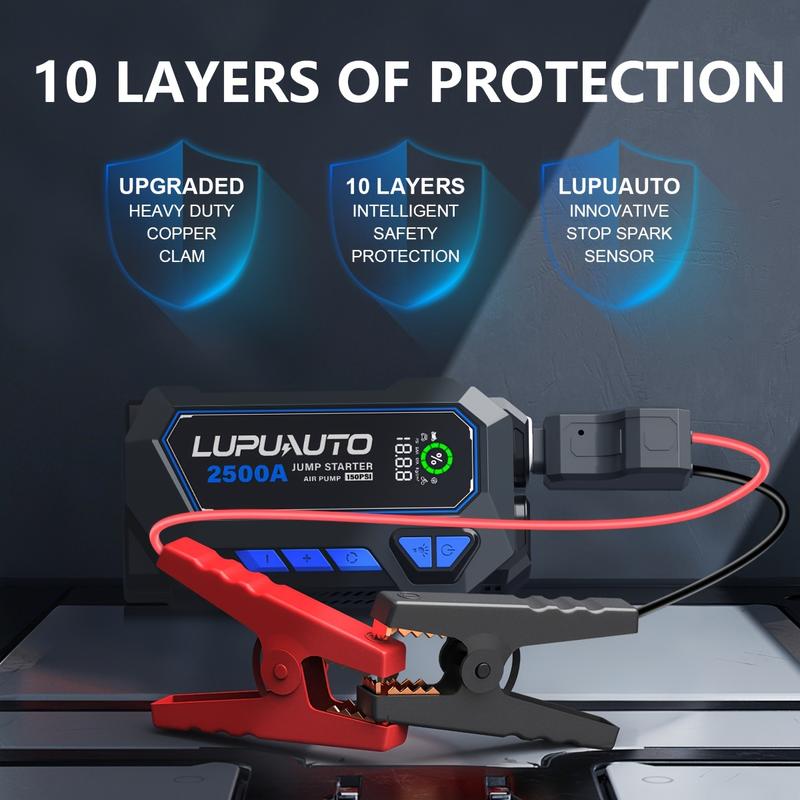 LUPUAUTO 2500A Portable Wireless Air Compressor Jump Starter with Digital Tire Inflator 150PSI Battery Pack USB Input Output LED Emergency Accessories Tools