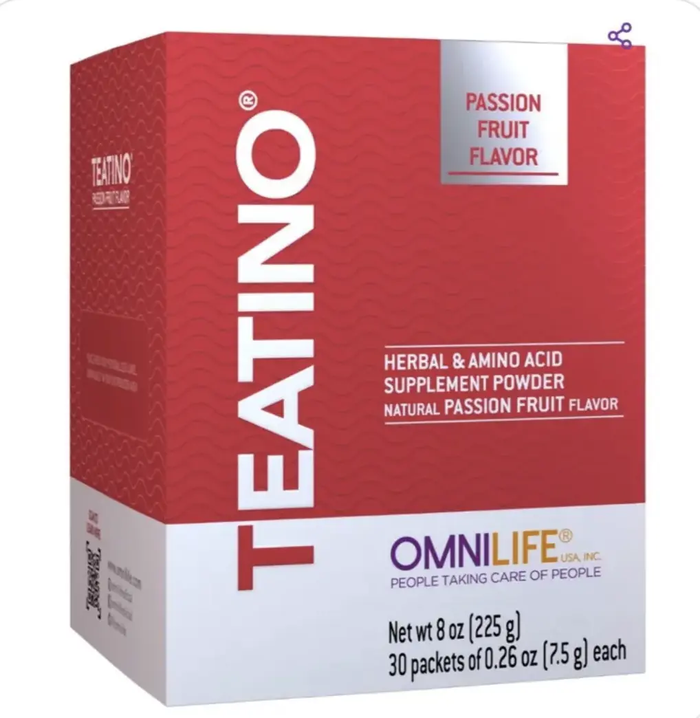 OML Teatino Passion Fruit | HERBAL & AMINO ACID SUPPLEMENT POWDER | Net wt 8oz (225g) 30 packets of 0.26oz (7.5g) each