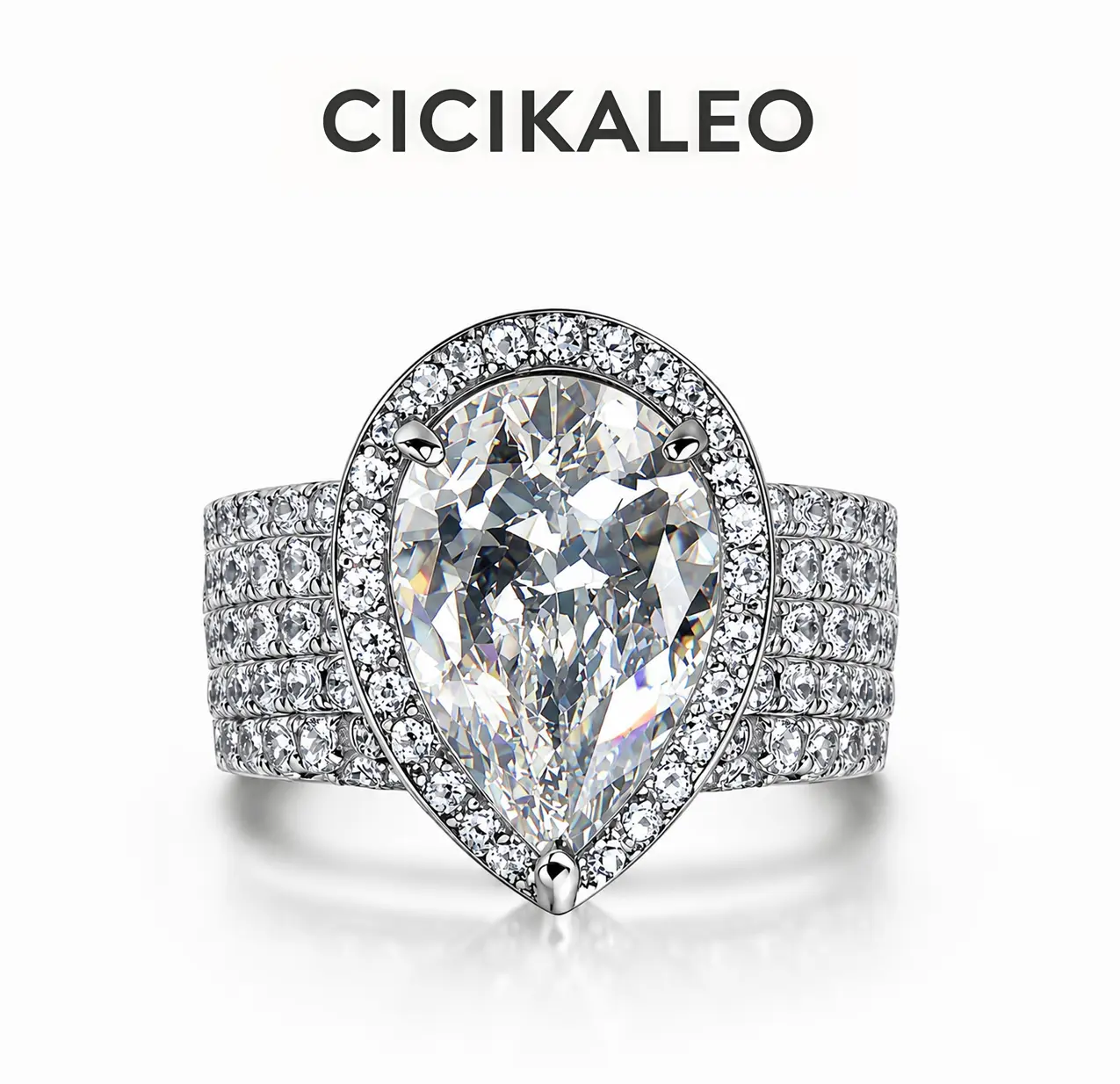 CICIKALEO S925 5.5CT Pear Cut Halo Engagement Ring for Women Wedding Promise Ring with Elegant Design and Sparkling Diamonds