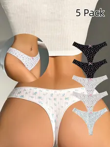 Sweet Ditsy Floral Print Low Waist Elastic Thong Panties, Comfortable Skin-Friendly Sexy Fashion Women's Underwear, All-Seasons, 5 Pack, Soft Comfy Panties, Fitted Panties