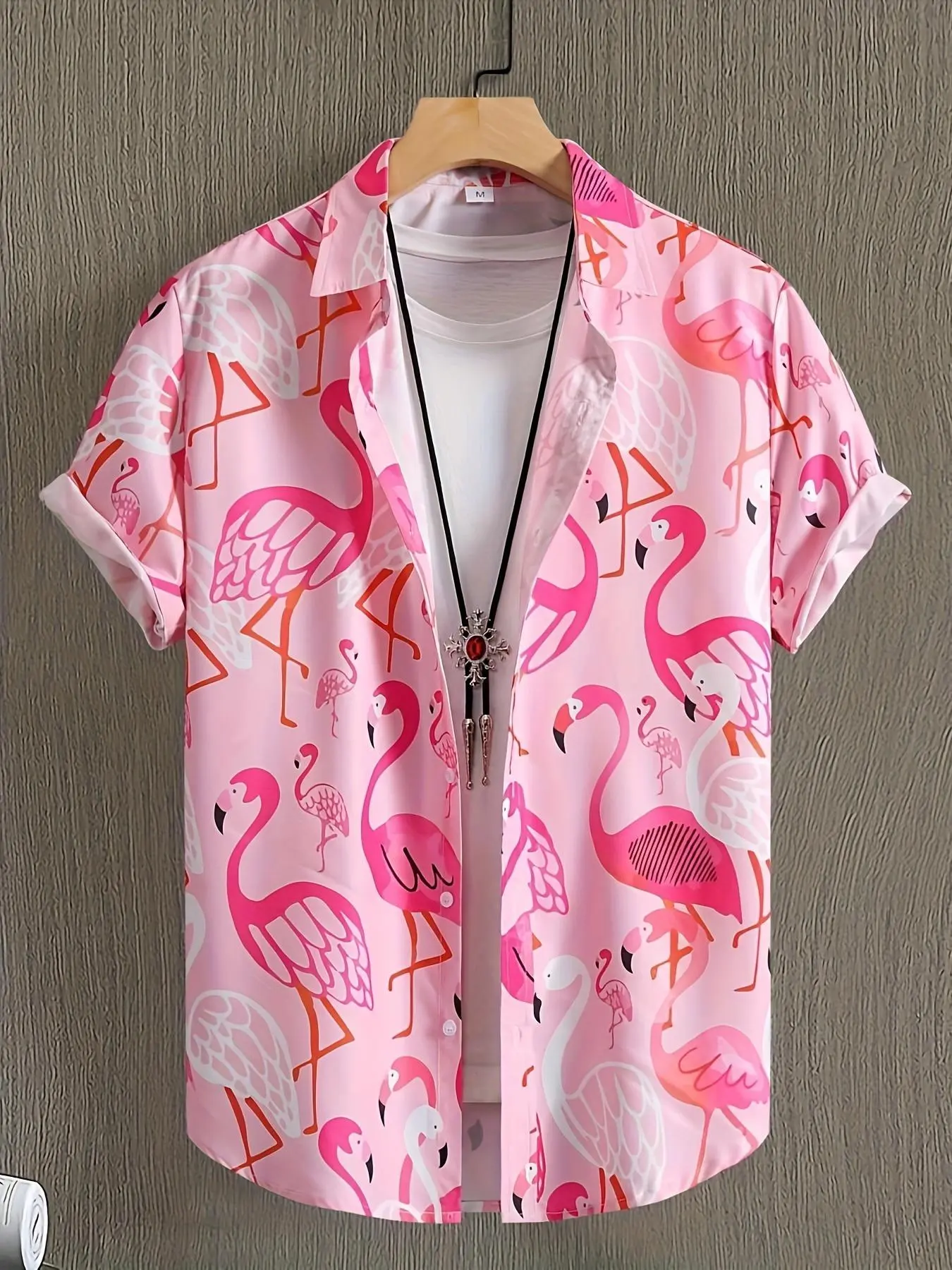 Men's Flamingo Print Animal Tropical Short Sleeve Shirt, Regular Fit Casual Pattern Printed Comfy Button Up Front Collared Top for Summer, Fashion Men's Clothes for Daily Wear