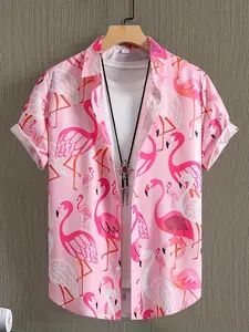 Men's Flamingo Print Animal Tropical Short Sleeve Shirt, Regular Fit Casual Comfy Button Front Collared Top for Summer, Fashion Men's Clothes for Daily Wear