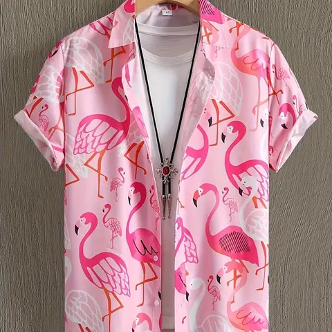 Men's Flamingo Print Animal Tropical, Regular Fit Casual Pattern Printed Comfy Button Up Front Collared Top for Summer, Casual Summer Clothing, Fashion Men's Clothes for Daily Wear