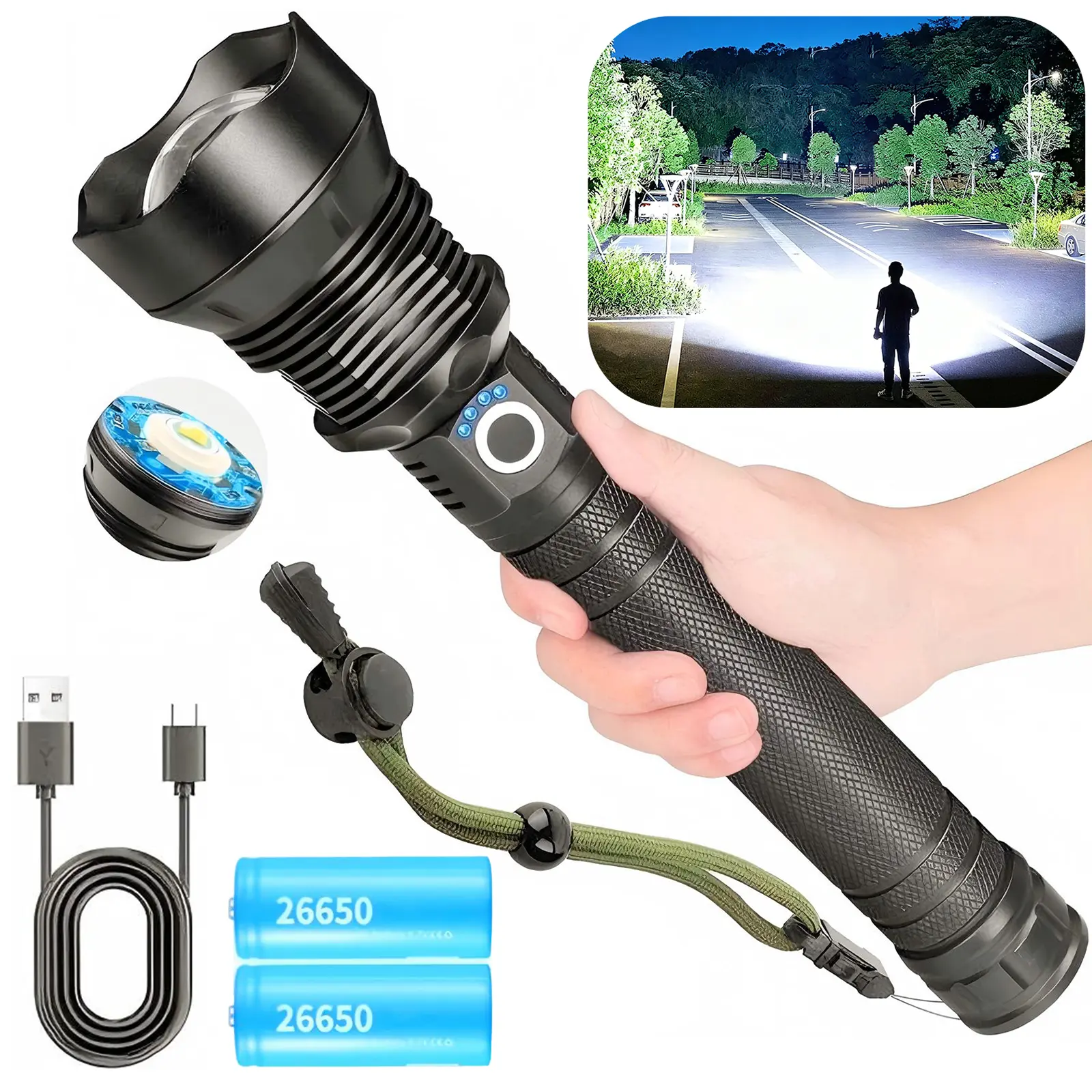 P70 LED Tactical Flashlight—an ultra-bright, long-range, high-intensity handheld flashlight; suitable for camping, hiking, outdoor activities, and emergency use.
