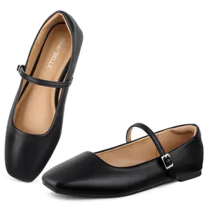 Womens Mary Jane Flats Adjustable Buckle Ballet Flats Square Closed Toe Shoe