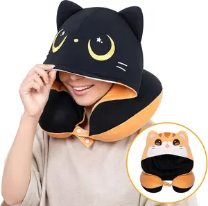 Travel Neck Pillow with Hood, Double Sides Cat Neck Pillow for Adults & Teens, Memory Foam Travel Pillow for Airplane, Soft Velvet & Cooling Ice Silk Fabric Flight Pillow with Adjustable Strap
