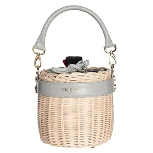 Beach Stripe Raffia Bucket Bag with Leather Trim and Drawstring