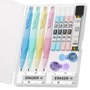 Four Candies 4PCS Cute Mechanical Pencil Set, 2.0MM Ergonomic Mechanical Pencil with 44PCS HB Pencil Leads, 2PCS Sharpeners&Erasers, Aesthetic School Supplies for Kids Writing Drawing