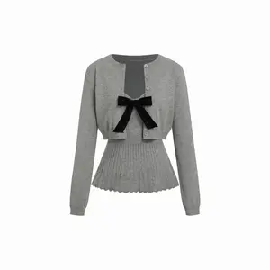 Cider Knit V-neck High Rise Bowknot Button Matching set