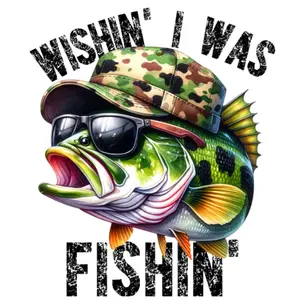 Wishin I Was Fishin Camo Hat Fish Direct To Film Print, DTF Print, Ready To Press Print For T-Shirts