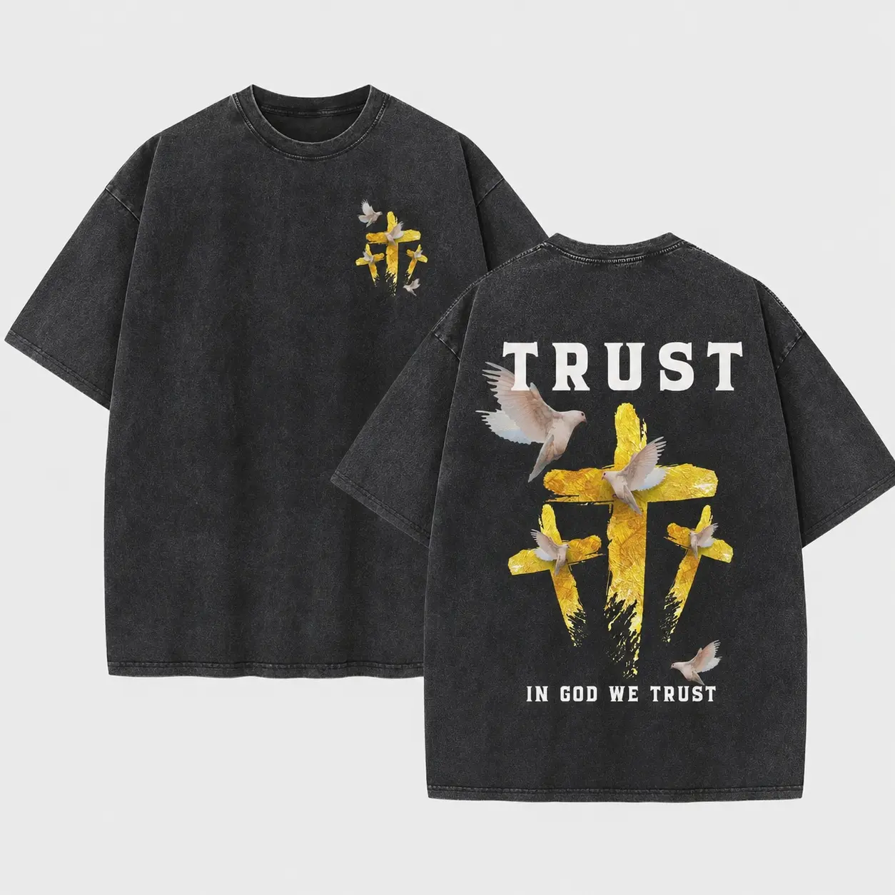 Brushstroke Golden Cross Flying White Doves Vintage Acid Wash Trust In God We Trust Calming Christian Faith Tee Oversized Washed Mini Cross & Dove Cluster Small Front Large Bold Trust Letter Multi Flyin  trendy streetwear shirt