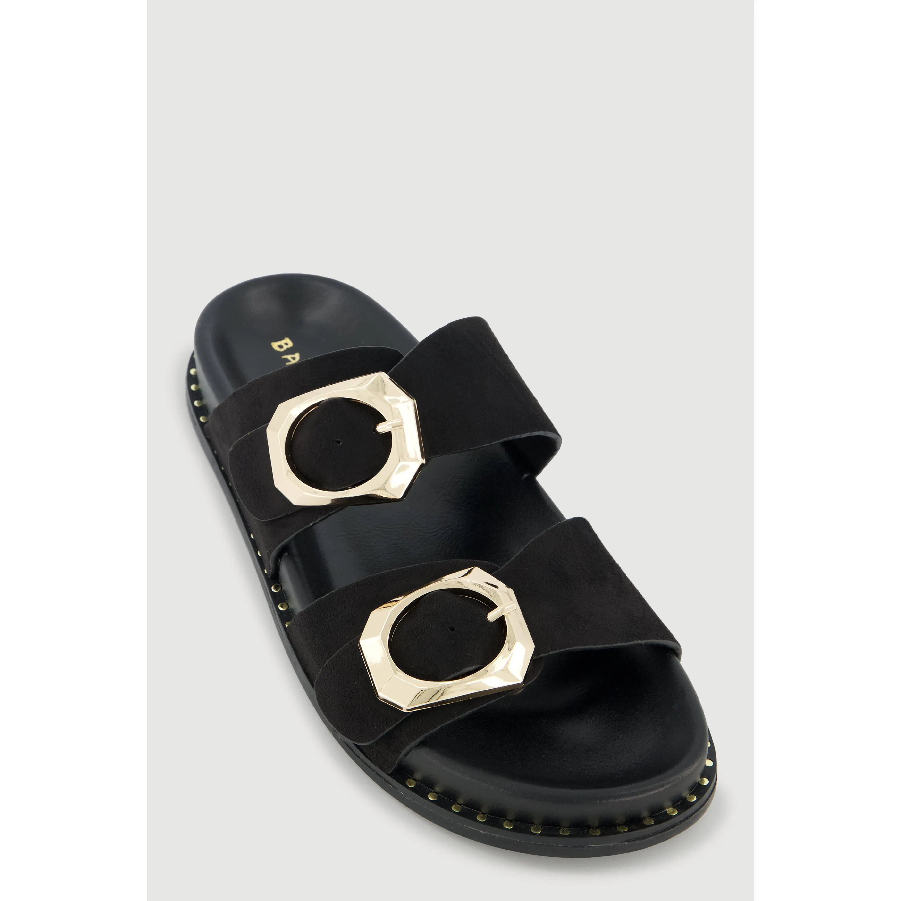 Studded Trim Faux Suede Double Buckle Footbed Slide Sandals