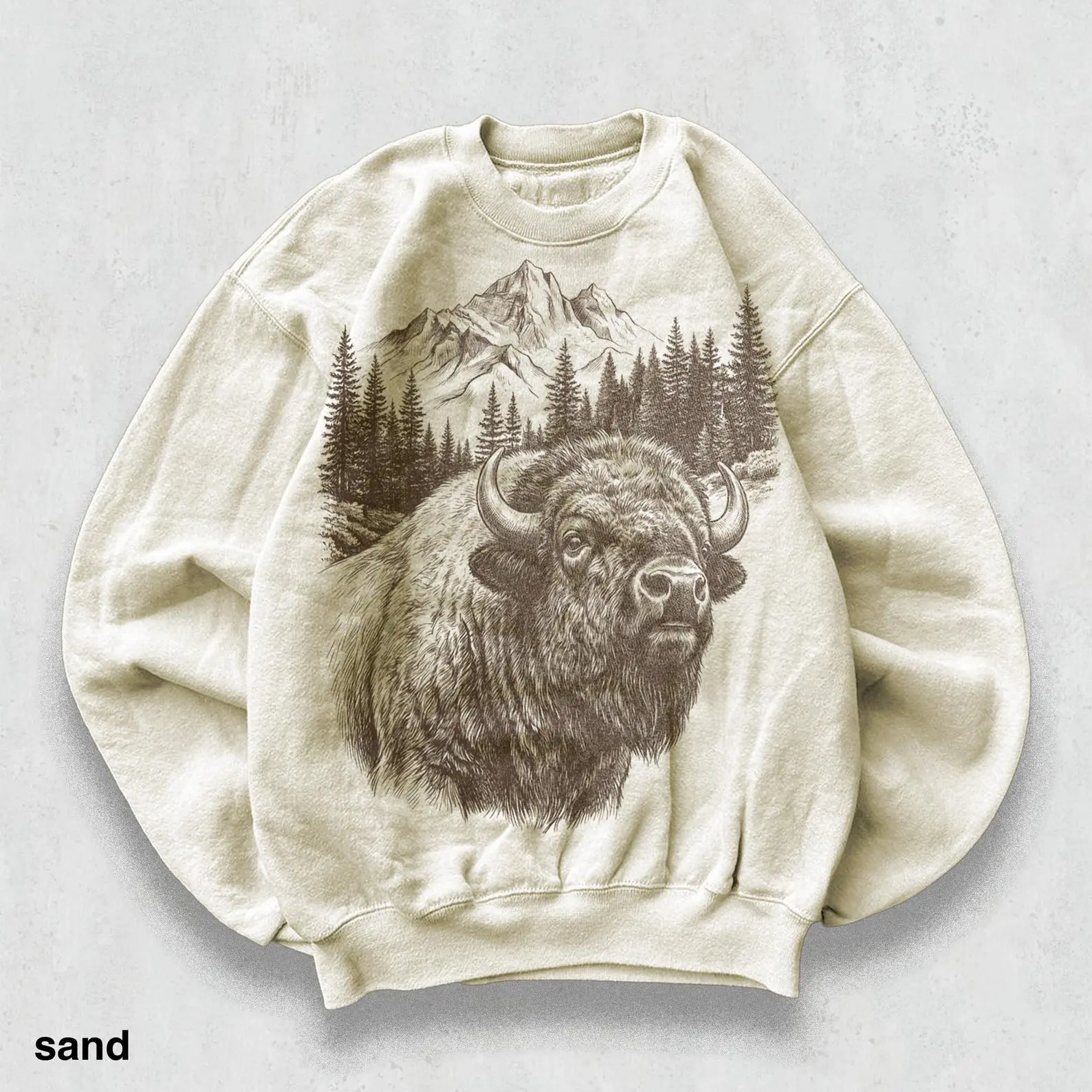 [Sale off up to 50%] Vintage Mountain Bison Sweatshirt, 90s Rustic Wildlife Art Crewneck, Western Forest Portrait Graphic Sweater Hoodie Tops