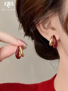 French Vintage Hong Kong Style Elegant Geometric Enamel Stud Earrings, Women's Fashion Accessory for All Seasons, Stud Earring Jewelry, Jewelry Design