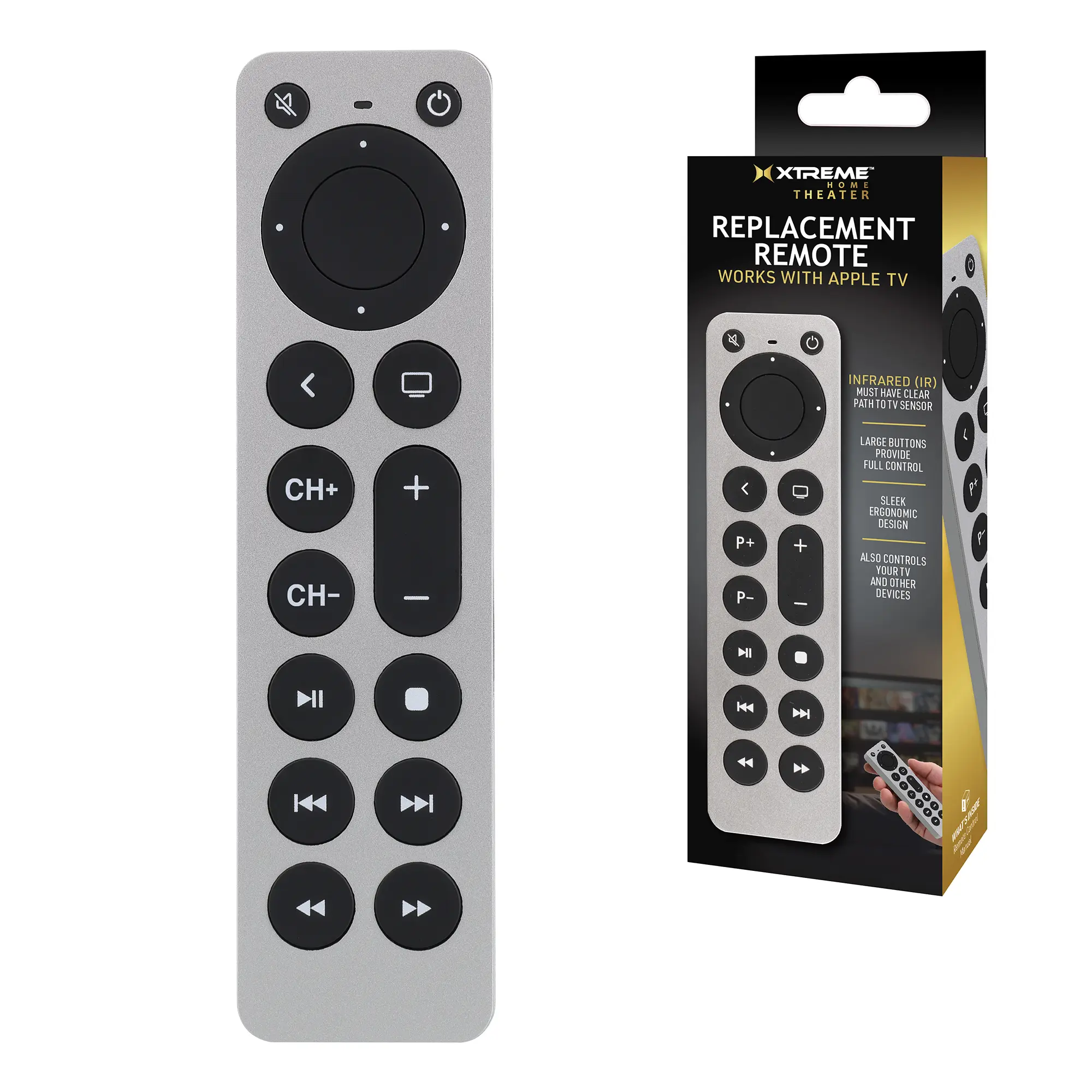 Xtreme Universal Apple TV Remote Replacement for 1st-5th Generation, Controls TV & Apple TV, Large Buttons, Ergonomic Design – Requires 2x AAA Batteries