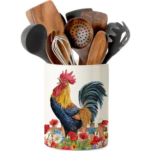 Rooster Kitchen Decor Ceramic Utensil Holder, Cute Rooster Utensils Holder for Farmhouse Indoor Kitchen Decorations Rustic Farmhouse Decor (6.3 inch)