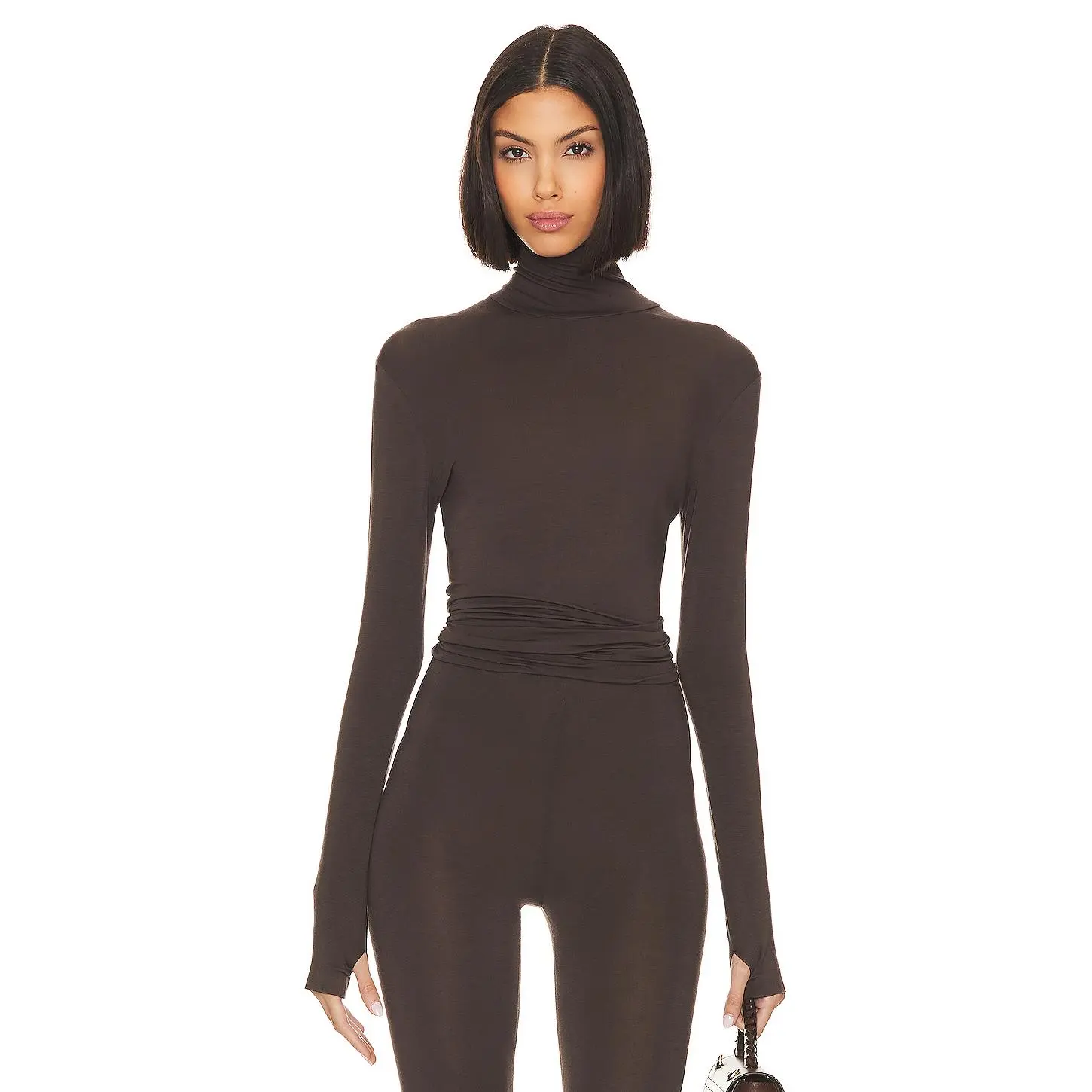 Norma Kamali Slim Fit Long Sleeve Turtle Top in Chocolate