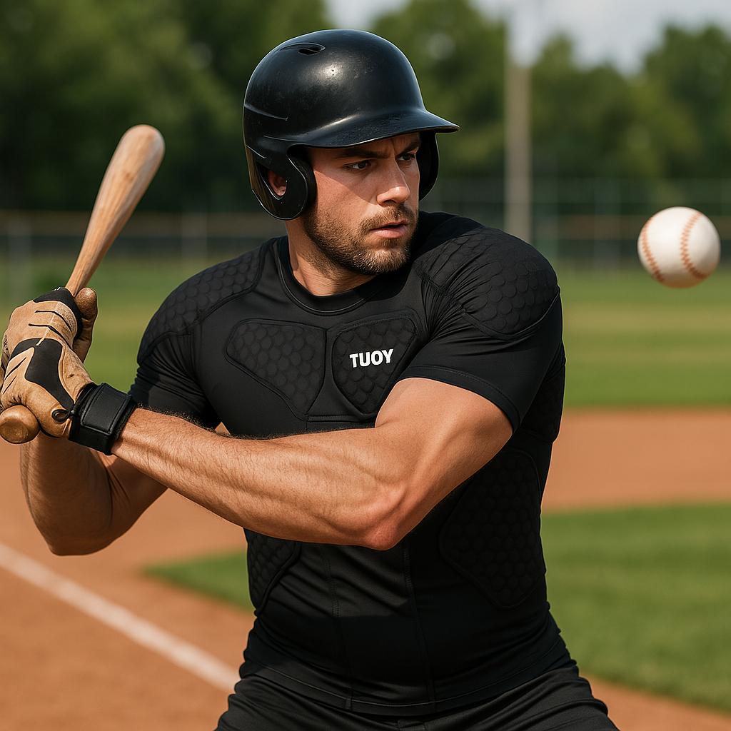 TUOY Men's Padded Compression Shirt Protective Shirt Rib Chest Protector for Football Paintball Baseball Padding Safety Athletic Apparel Athletic Top