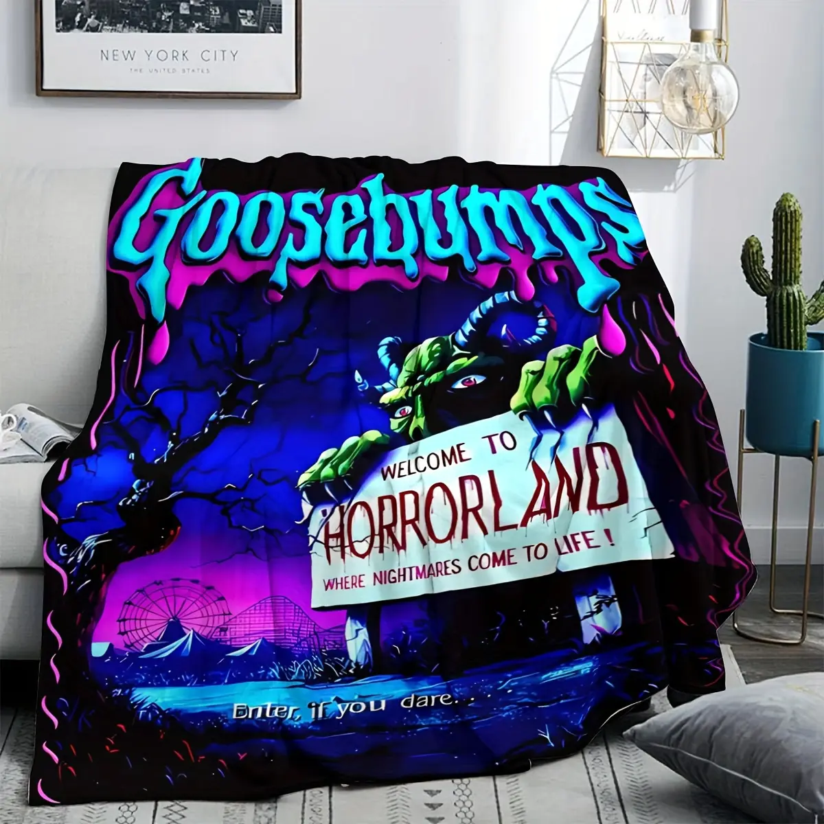 Goosebumps Horror Park Soft Flannel Throw Blanket, Spooky Theme Park Graphic for Bedroom Kids Room and Halloween Lounge Decor, Lightweight Bed Throw for Movie Night, Birthday Halloween Gift for Goosebumps Fans and Horror Readers