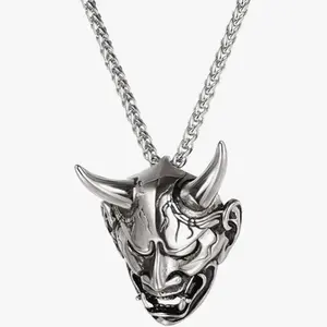 Hannya Mask Necklace, Mens Gothic Punk Pendant, Stainless Steel Silver Black Personalized Evil Demon Horn Jewelry Oni Necklaces
