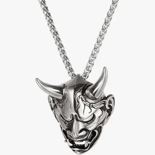 Hannya Mask Necklace, Mens Gothic Punk Pendant, Stainless Steel Silver Black Personalized Evil Demon Horn Jewelry Oni Necklaces