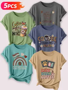 5PCS Coffee Themed Women's Lady Casual Short Sleeve Crew Neck Cotton T-Shirt Set – Bestselling Cute Graphic Print, Multicolor, Machine Washable Spring & Summer Top, Soft Skin-Friendly Fabric, Daily Versatile, Fashion Design