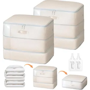 Large Capacity 3-Layer Washable Self Compression Comforter Storage Bags, Ultra Space Saving Organizer for Blanket, 2-Pack, Beige