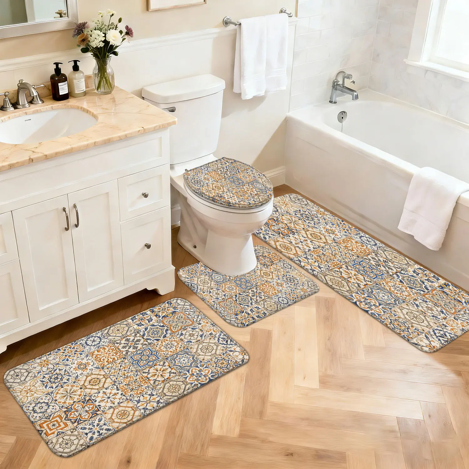 3/4pcs Bathroom Non-Slip Mat Set, European Style Patchwork, Home Decor Water-Absorbing Mat for Shower Door, Soft Thick Quick-Dry Carpet for Home Use, Foot Mat for Toilet And Laundry Additions, Entrance Mat for Bedroom,piece,floor,Chenille,Rug,waffle,mats