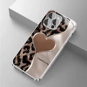 Fashionable Luxurious Heart-Shaped Leopard Print Electroplated Tempered Glass Phone Case,for iPhone 17 Pro Max Phone Case 17 Air 16E 16 Pro Max 15 Pro Max 15 Plus 14 Plus 13 12 11 Phone Cases,Samsung Galaxy S25 Ultra S22 S23 FE S24 Plus A14 A15 A16 A35 A3