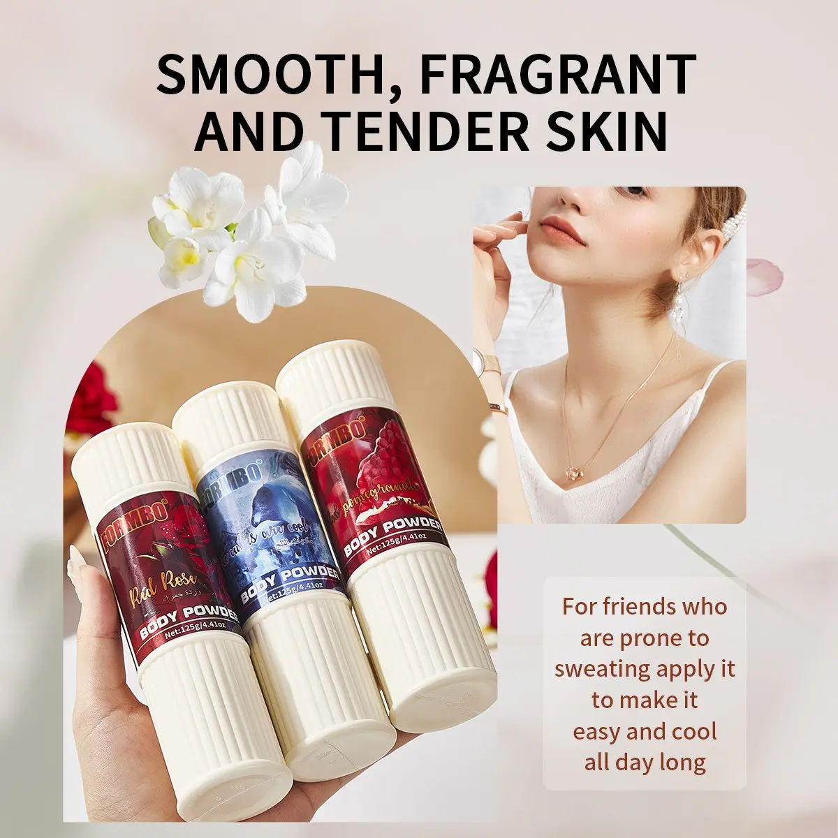 Floral Fragrance Body Powder, Scented Body Care, Made with Plant-based Ingredients, Is Gentle in Nature, Effectively Reduces Sweating and Provides A Cooling Sensation. It Keeps You Fresh Throughout The Day and Is Suitable for Use After Bathing.