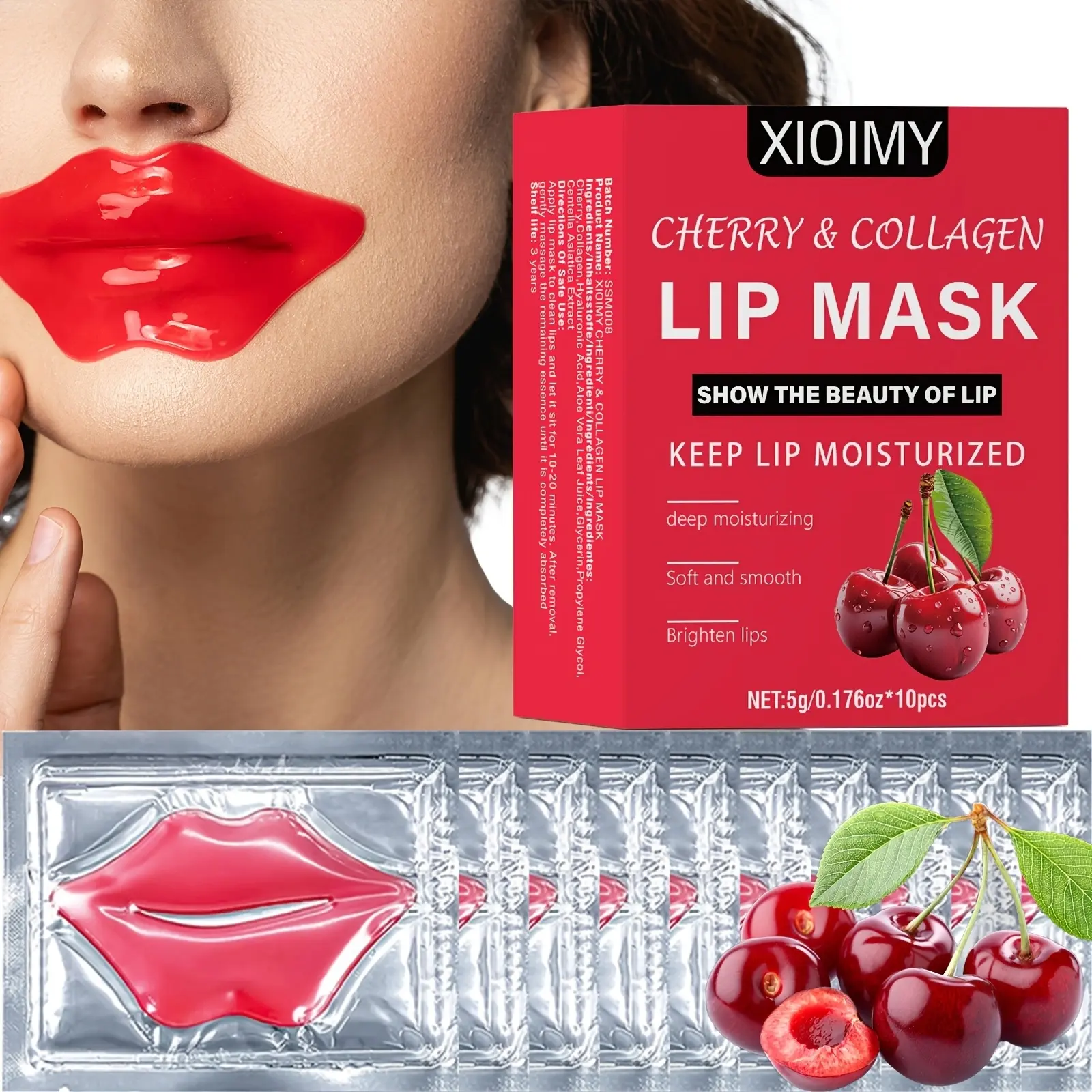 10pcs Cherry Collagen Jelly Gel Lip Mask, Intense Moisturizing & Brightening, Soft Texture with Comfortable Fit, Anti-Dryness & Dull-Skin Care, Overnight Moisturizing Lip Sleeping Mask
