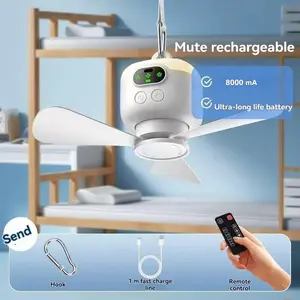 Portable USB Rechargeable Ceiling Fan, Remote Control Ceiling Fan with Night Light, Suitable for Camping, Dorms & Outdoor Use