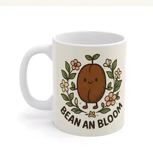 Bean An Bloom Coffee Cup with Adorable Bean Design and Floral Wreath Perfect for Coffee Lovers