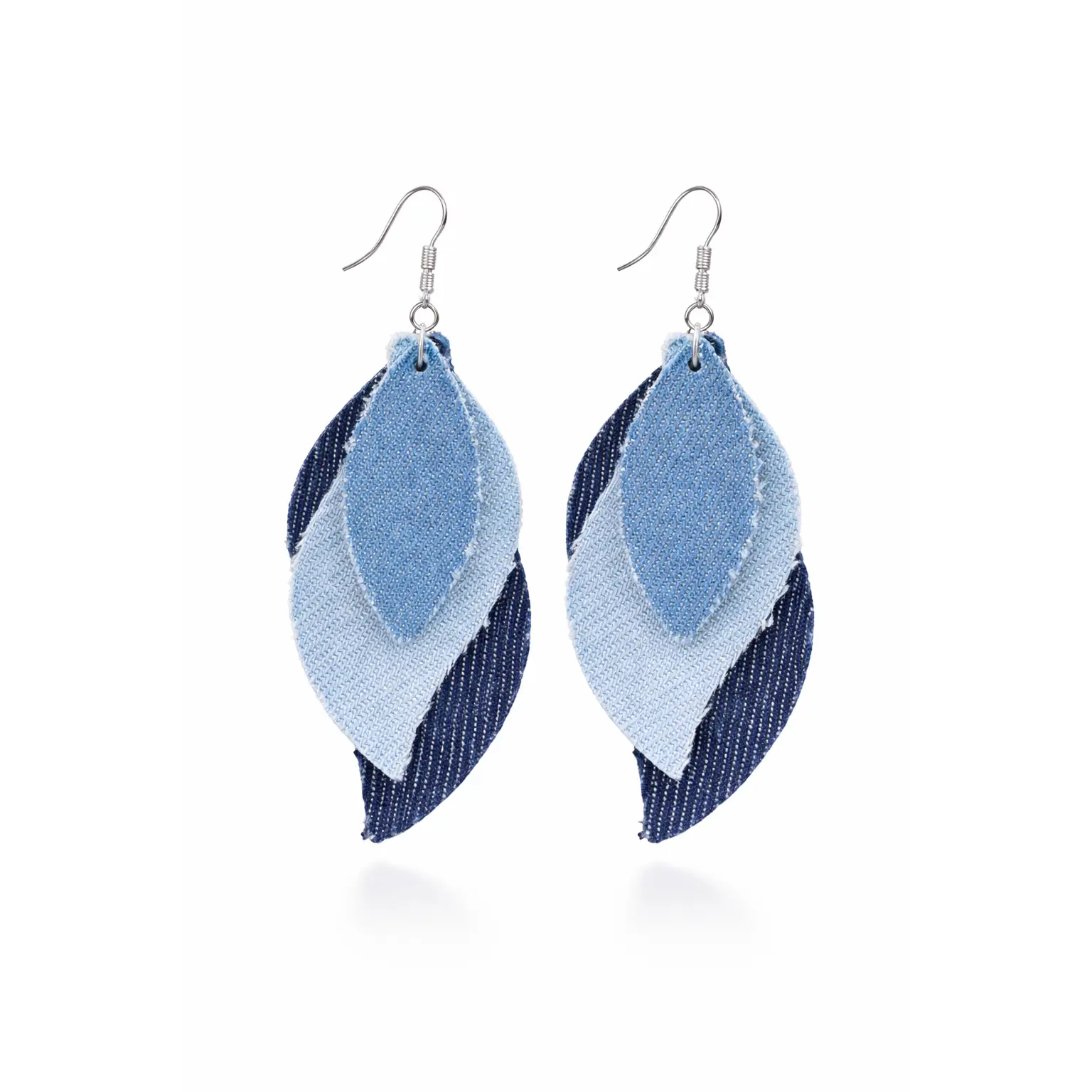 Blue Denim Leaf Drop Earrings, Lightweight Layered Design, Silver-Tone Fishhook Hardware, Comfortable All-Day Wear, Coastal Style Statement Jewelry, Blue Denim Accessories, Coastal Style Earrings, Denim Earrings