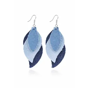 Blue Jean Dream Leaf Earrings - Lightweight Layered Denim Leaf Design Silver-Tone Fishhook Hardware Comfortable All-Day Wear Coastal Cowgirl Style Denim Accessories