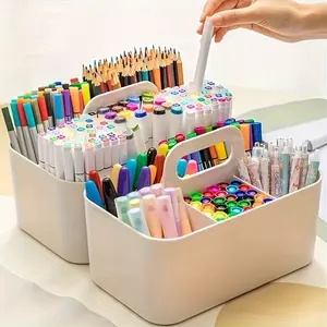 Multifunctional Storage Box with Handle, Five-Compartment Pen Holder Design, Portable Organizer for Desk Supplies, Office & Home Use