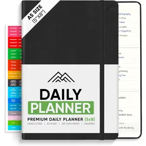 2025 Daily Planner (5" x 8", A5 Black) - Office Stationery Hourly Schedule & Task List Organiser with Bonus Planner Stickers, Daily Use, Weekly-Monthly Planning, Goal & Reflection Prompts for Long-Term Goal Achievement