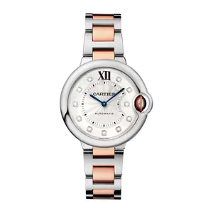 Cartier Ballon Bleu 33mm WE902061 Automatic Two-Tone 18K Rose Gold and Stainless Steel Silver Guilloche Dial with Factory Diamond Hour Markers Ladies Watch WHP041335