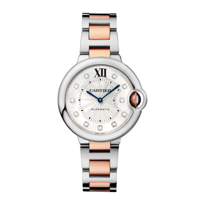 Cartier Ballon Bleu 33mm WE902061 Automatic Two-Tone 18K Rose Gold and Stainless Steel Silver Guilloche Dial with Factory Diamond Hour Markers Ladies Watch WHP041335