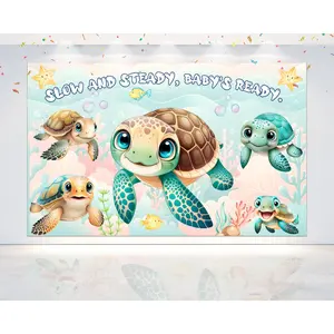 Adorable Turtle Baby Shower Backdrop 5x3 FT - "Slow and Steady, Baby's Ready" Underwater Party Decor