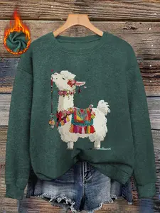 New autumn/winter women's crew neck knit sweatshirt, cute cartoon alpaca print, slim fit long sleeves, casual and versatile, warm inner layer.