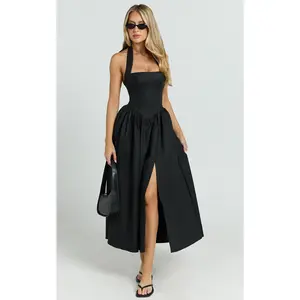 Helda Midi Dress - Halter Tie Neck Corset Panel Dress in Black