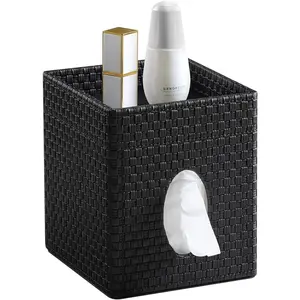 Square Tissue Box Cover, Stylish Leather Tissue Box Holder with Storage Tray, Decorative Tissue Rack Storage Box for Living Room, Bedroom, and Office Desk(Black Woven )