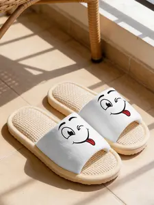 Playful Wink Smiley Linen Slippers, Breathable Non-slip Casual Lightweight All Season House Shoes for Happy Daily Women Men Family Guest Home Wear