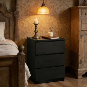 Modern Ebony Black Nightstand with Charging Station, Bedside Side End Table, 3 Drawers, 2 AC Outlets & 2 USB Ports, Beveled Drawer Fronts, Modern Style for Bedroom