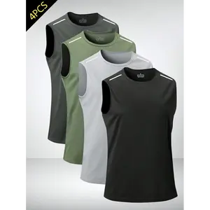 Four-piece, summer sleeveless sports vest, quick-drying reflective shoulder strap, breathable and comfortable outdoor fitness essentials, sports vest T-shirt, summer new mesh ice silk breathable sleeveless top, running fitness loose vest