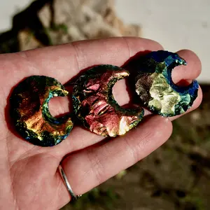 ONE 1.25in Titanium Aura Obsidian Moon, Hand Knapped Crystal Crescent Moon