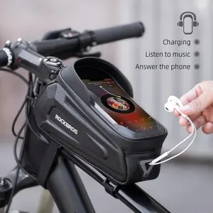 ROCKBROS Bike Tube Bag Phone Mount Bag Bicycle Accessories Pouch EVA Waterproof Bike Phone Holder Top Tube Front Frame Bag Handlebar Bags Compatible Phones Under 6.8”