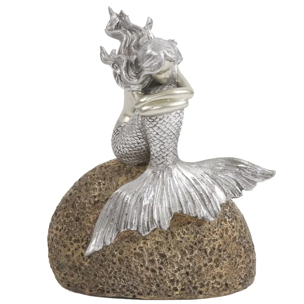Silver Resin 360-Degree Stand Mermaid on a Rock Sculpture (10x8x5 in) - Home Decor Figurine, Tropical Room Decoration, Collectible Gift